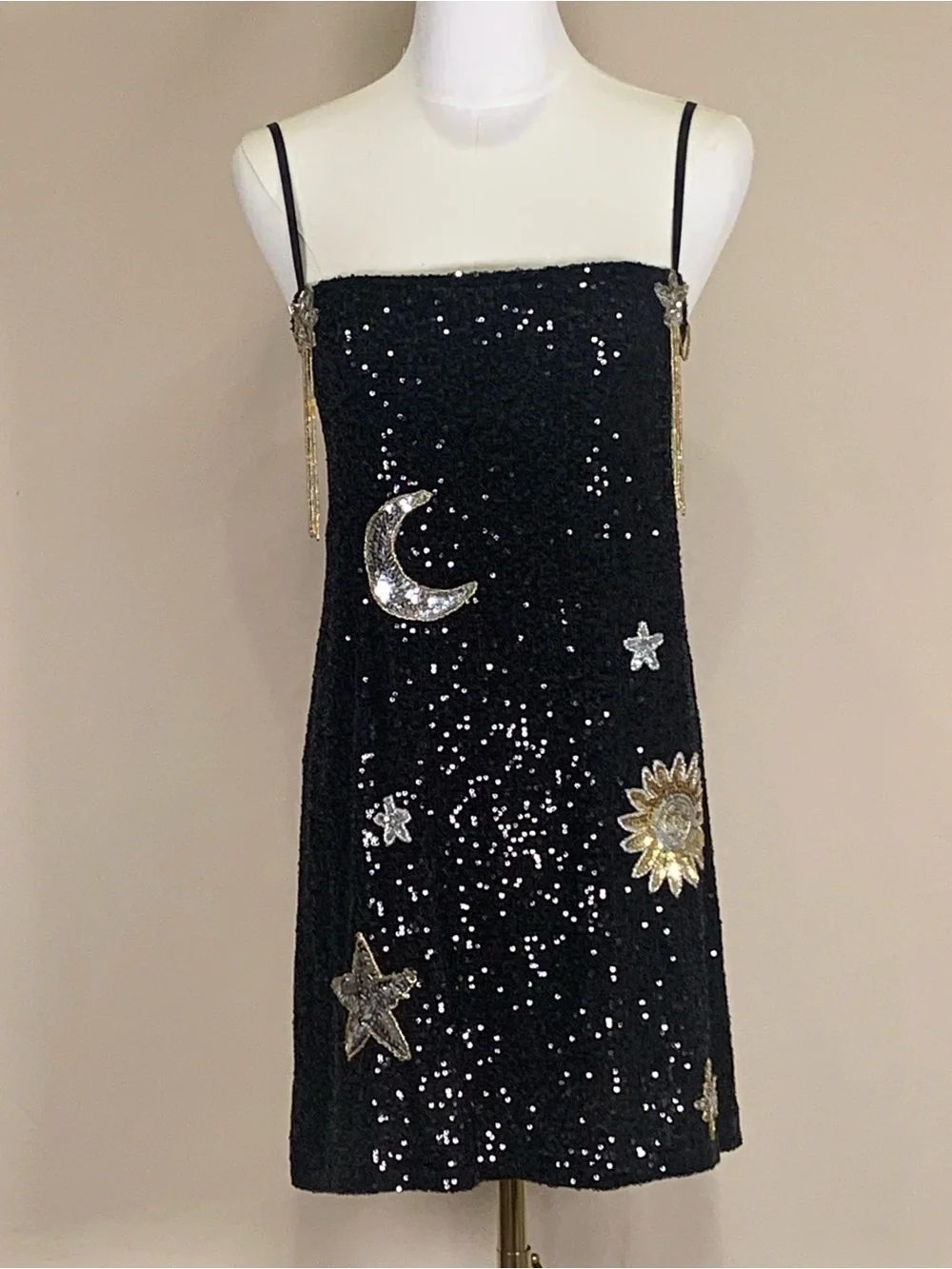 EastnWest Sequin Star Mini Dress Celestial Moon Black Size S - Picture 1 of 10
